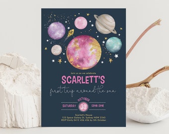 Pink Outer Space Birthday Invitation, Galaxy Girls Party Invite, Twinkle Little Star Solar System EDITABLE Template Instant Download, OS2