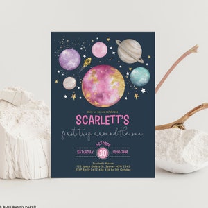 Pink Outer Space Birthday Invitation, Galaxy Girls Party Invite, Twinkle Little Star Solar System EDITABLE Template Instant Download, OS2
