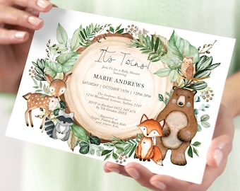Woodland Twins Baby Shower Invitation Template. Twin Boys Greenery Forest Animals Printable Invite. Gender Neutral EDITABLE TEMPLATE. WOOD24