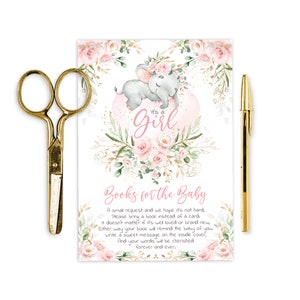 Mädchen Elefant Baby Shower Books für Baby Karte, Pink Blush Floral Bring a Book Karte, süße kleine Erdnuss druckbare INSTANT DOWNLOAD, EL17