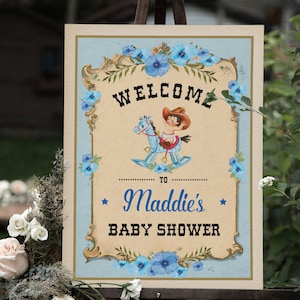 Cowboy Baby Shower Welcome Sign Template, EDITABLE Vintage Baby Boy Decor, Western Retro Rocking Horse, Country Ranch, Blue Floral, CO1