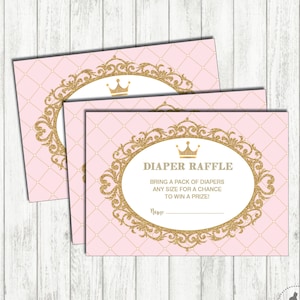 Princess DIAPER Raffle Printable. Royal Pink and Gold Baby Shower. Baby Girl Raffle Ticket. Crown Insert Card. Glitter Princess Party. PG2