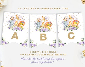 Purple Gold Safari Animals Baby Shower Printable Banner. Purple Floral Birthday Party Decorations. Wild One. ALL LETTERS & NUMBERS. JUN15