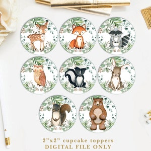 Greenery Woodland Animals Birthday Printable Decor. Forest Baby Shower Decorations. 2&quot; Cupcake Toppers. Favor Tags. INSTANT DOWNLOAD. WOOD24