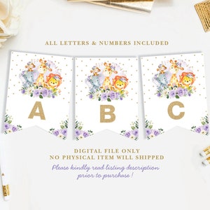 Purple Gold Safari Animals Baby Shower Printable Banner. Purple Floral Birthday Party Decorations. Wild One. ALL LETTERS & NUMBERS. JUN15 image 1