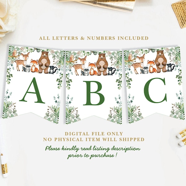 Botanical Woodland Baby Shower Printable Banner. Forest Animals Birthday Party Decorations. Deer Fox Bunting ALL LETTERS & NUMBERS. WOOD24