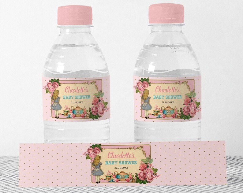 Alice in Wonderland Water Bottle Label Vintage Mad Hatter Baby Shower Favors Onederland Tea Party Birthday Decor EDITABLE