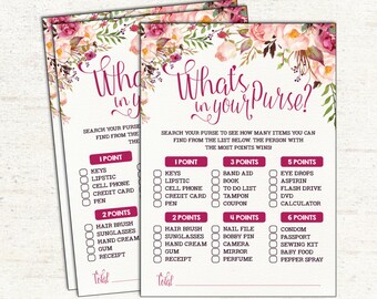 What's in Your Purse. Rustic Floral Baby Shower Game. Cottage Chic Baby Shower. Whats in Your Purse Game. Boho Watercolor Flowers. FLO7