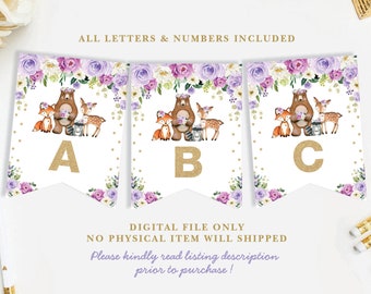 Cute Woodland Baby Shower Printable Banner. Purple Gold Floral Birthday Bunting Party Decorations. Forest Animals Instant Download. WOOD34