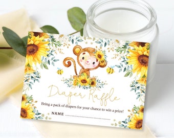 Girl Sunflower Monkey Diaper Raffle. Summer Watercolor Floral Safari Baby Shower Printable Card. INSTANT DOWNLOAD. MO3