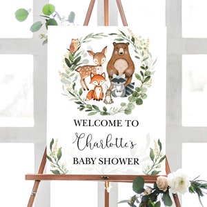 Signo de bienvenida editable del baby shower del bosque, decoración imprimible de animales del bosque verde, plantilla de descarga instantánea de un cumpleaños salvaje WOOD33