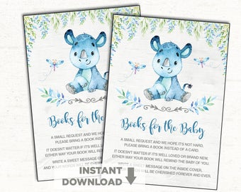 Cute Rhino Baby Shower Books for Baby Invitation Insert. Blue and Grey Rhinoceros Party Bring a Book Card. Jungle. Safari Book Request. RHI1