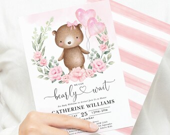 Girl Bear Baby Shower Invitation Template, EDITABLE Teddy Bear Picnic Invite, Pink Floral Baby Sprinkle Printable, Instant Download, BR3