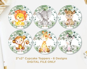 May include: Six 2 inch round cupcake toppers featuring jungle animals. The animals are a lion, elephant, rhino, monkey, giraffe, and zebra. The toppers are printed on white paper with a green leafy background.
