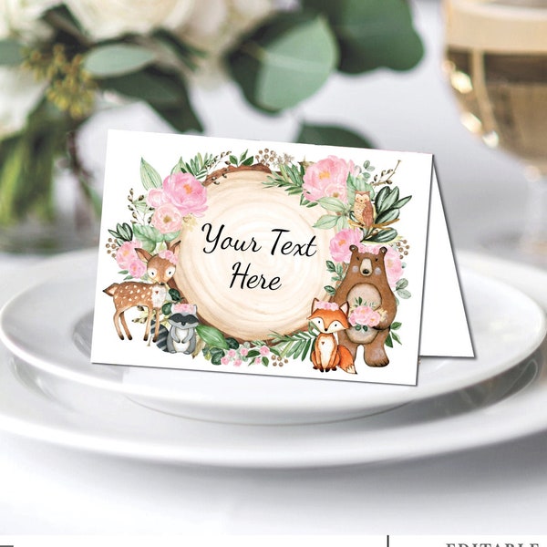 EDITABLE Girl Woodland Place Cards. Pink Floral Forest Animals Food Tent Labels. Greenery Baby Shower Decorations. 1st Birthday. WOOD25