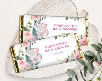 EDITABLE Girl Elephant Chocolate Bar Wrapper, Pink Floral Elephant Candy Bar Wrapper, Jungle Baby Shower Wild Birthday Favors Template, EL10