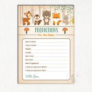 CARTE DE PRÉDICTION BÉBÉ WOODLAND. Prédictions pour bébé. Devinez les statistiques de bébé. Jeu de douche de bébé Woodland. Activité de douche de bébé de forêt. BOIS1