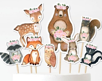 Pink Floral Woodland Cake Toppers, Girl Forest Animals Baby Shower Favors, Wild One 1st Birthday Decor Centerpiece Instant Download, WOOD25