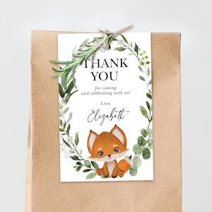 EDITABLE Fox Favor Tag, Woodland Baby Shower Favors, Greenery Wreath Baby Fox Thank You Tag Template, Gender Neutral Instant Download, FOX7