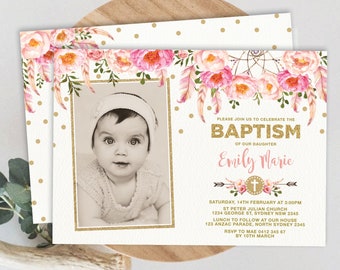 Pink Gold Floral Baptism Invitation. Bohemian Dreamcatcher Christening Invite. Pink Boho Flowers EDITABLE TEMPLATE. Instant Download. FLO12A