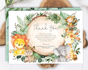 May include: A thank you card with a jungle theme. The card features a watercolour illustration of a lion, giraffe, monkey, rhino, and elephant surrounded by green leaves. The text on the card reads "Thank You. The closet was empty, and the baby's belongings were few. But this all changed because of you. Thank you for being a part of our baby shower. With Love, Georgina & Charles Anderson."