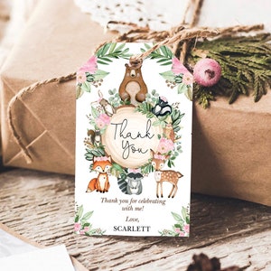 Modello etichetta favore ragazza bosco, animali della foresta floreale rosa Baby Shower, festa Wild One stampabile, tag di ringraziamento modificabile Scarica, WOOD25
