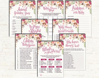 Floral GAMES PACKAGE. 8 Floral Shabby Baby Shower Printable Games. Boho. Price Is Right. Bingo. Purse Game. Bohemian Cottage Chic. FLO7