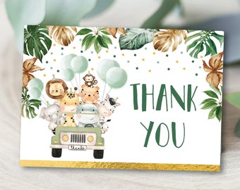 SAF3 Birthday Party Favor Download Wild Animals Baby Shower Printable Tropical Jungle Thank You Card Greenery Safari EDITABLE TEMPLATE