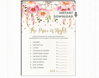 PRICE IS RIGHT. Boho Pink and Gold Baby Shower Game. Bohemian Dreamcatcher Baby shower Activity. Pink Floral Baby Shower Printable. FLO12A