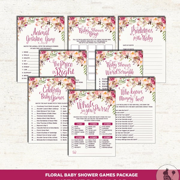 Floral GAMES PACKAGE. 8 Floral Shabby Baby Shower Printable Games. Boho. Price Is Right. Bingo. Purse Game. Bohemian Cottage Chic. FLO7