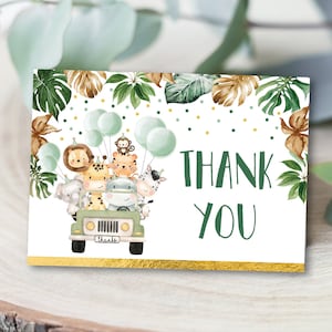 Biglietto di ringraziamento piegato nella giungla, Drive By Safari Baby Shower stampabile, Bomboniere di compleanno in quarantena nel verde, Drive Thru Download istantaneo, SAF3