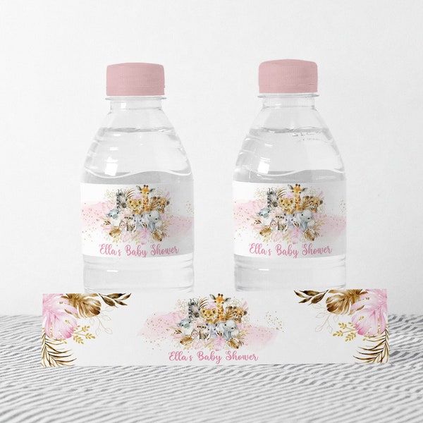 Jungle Water Bottle Label Boho Safari Animals Baby Shower Favors, Wild One Birthday Blush Pink Tropical Floral EDITABLE TEMPLATE JUN17P