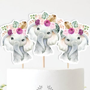 Floral Elephant Cake Topper, Jungle Animal Baby Shower Centrepiece, Large Cupcake Topper Table Decor Wild One Birthday Instant Download EL13