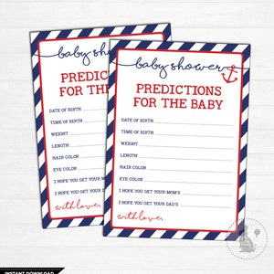PREVISIONI Nautiche per la Baby Card. STAMPABILE. Gioco Baby Shower Navy e Red Anchor. Carta di previsione. Statistiche del bambino. Mare. Oceano. NAU1