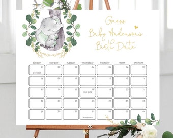 Elefant Baby Fälligkeitskalender. Greenery Guess Babys Geburtstagsspiel. Baby Prediction EDITIERBARE VORLAGE. Sofortiger Download. GR1