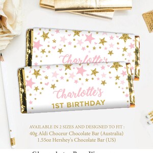 EDITABLE Twinkle Little Star Chocolate Bar Wrapper. Pink & Gold Stars Candy Bar Wrapper. Girls 1st Birthday. Baby Shower Favors. TT2