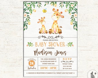 Giraffe BABY SHOWER Invitation. Woodland Baby Shower. Yellow Watercolor Flowers Baby Shower Invite. Safari. Jungle. Gender Neutral. GI1