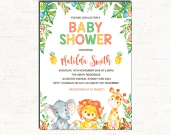 Jungle Baby Shower Invitation. Safari Baby Shower Printable Invitation. Jungle Animals. Elephant. Lion Giraffe. Neutral Baby Shower. JUN2