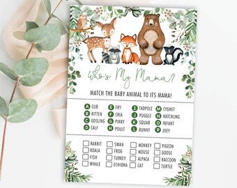 Gissa min mamma. Vem är min mamma. Babyshower-spel. Utskrivbara gröna skogsdjur. DIREKT NEDLADDNING. WOOD24