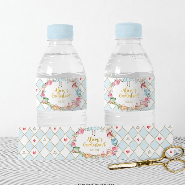 EDITABLE Water Bottle Label, Alice in Wonderland Birthday Favors, Mad Tea Party Baby Shower, Blue Pink Gold Template Instant Download, AL1
