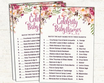 CELEBRITY BABY NAMES. Cottage Chic Baby Shower Printable Game. Rustic Bohemian Floral Celebrity Name Match. Flowers. Garden Tea Party  FLO7