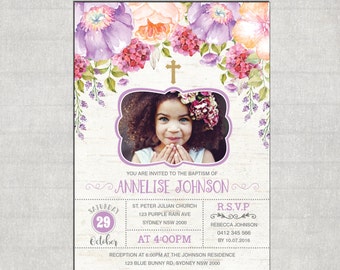 girl baptism invitation pink gold christening printable etsy
