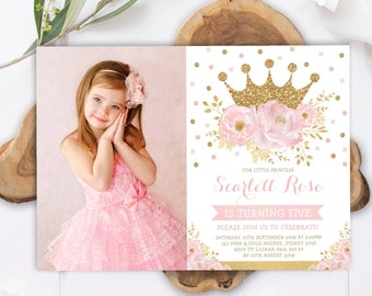 EDITABLE Gold Crown Princess Birthday Invitation. Blush Pink Gold Floral Royal Party Printable Photo Invitation. INSTANT DOWNLOAD. FLO18I