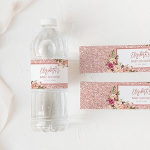 Editable Rose Gold Glitter Water Bottle Label Template, Glam Baby Shower, Blush Floralr Bridal Shower Favors Instant Download, FLO30