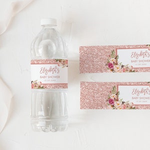 Modello modificabile di etichetta per bottiglia d'acqua con glitter oro rosa, Glam Baby Shower, Blush Floralr Bridal Shower Favors Download istantaneo, FLO30