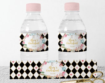 Alice in Wonderland Water Bottle Label, Alice in Onerland Birthday Favors, Mad Hatter Tea Party Girl Baby Shower EDITABLE TEMPLATE, AL1