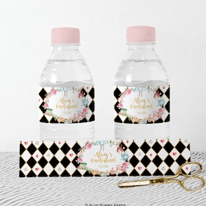 Alice in Wonderland Water Bottle Label, Alice in Onerland Birthday Favors, Mad Hatter Tea Party Girl Baby Shower EDITABLE TEMPLATE, AL1