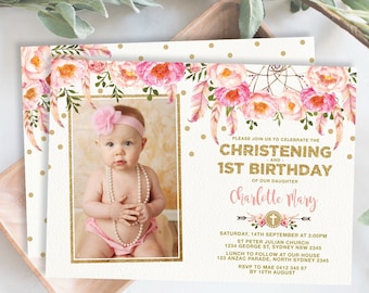 Boho Floral 1st Birthday & Baptism EDITABLE INVITATION. Girly Pink and Gold Christening Printable Party Invite. Instant Download. FLO12A