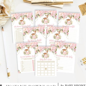 Woodland Deer Baby Shower GAMES PACKAGE. Blush Pink Gold Floral Forest Printable Games. Girly Deer Baby Girl Instant Download. FLO18G-Deer