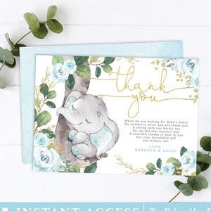 Carte de remerciement d'éléphant floral d'or bleu. Roses bleues verdure jungle petite cacahuète imprimable. MODÈLE MODIFIABLE. Téléchargement instantané. EL9